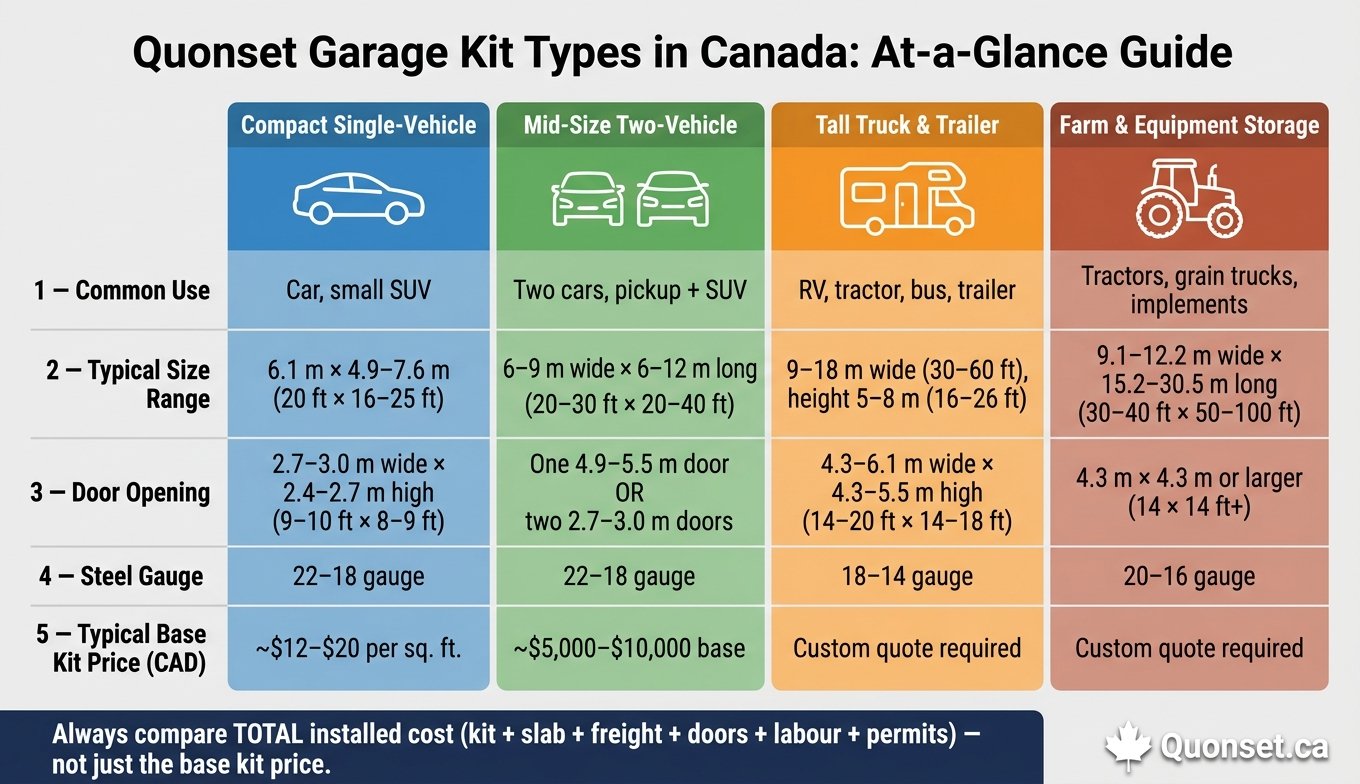Quonset Garage Kit Types Canada: Size, Door & Cost Comparison